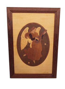 Inlay Framed Angel Natural Wood Art w/ Lute Signed Jeff Nelson Hudson River M4